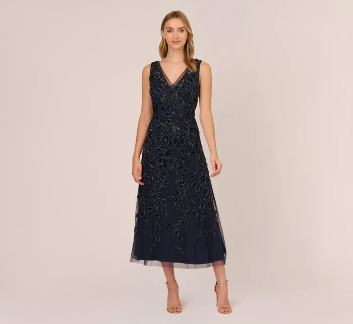 Beaded Dresses Womens Adrianna Papell Floral Beaded Ankle Length Sleeveless Gown In Navy Beaded Dresses Womens Adrianna Papell Floral Beaded Ankle Length Sleeveless Gown In Navy