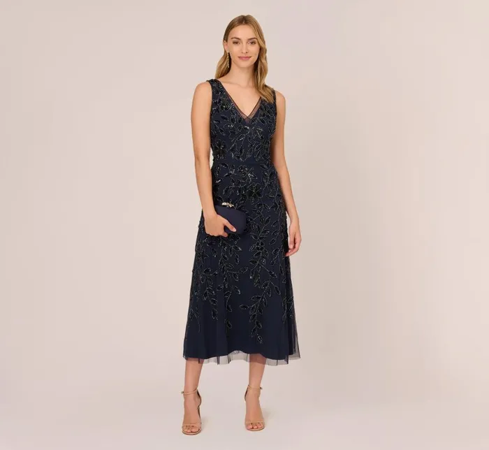 Beaded Dresses Womens Adrianna Papell Floral Beaded Ankle Length Sleeveless Gown In Navy