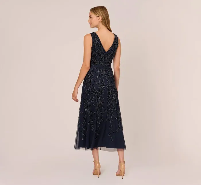Beaded Dresses Womens Adrianna Papell Floral Beaded Ankle Length Sleeveless Gown In Navy