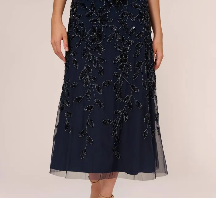Beaded Dresses Womens Adrianna Papell Floral Beaded Ankle Length Sleeveless Gown In Navy