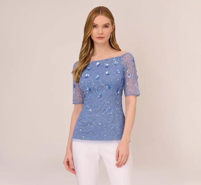 Beaded Dresses Womens Adrianna Papell Off The Shoulder Top With 3D Beaded Details In French Blue Beaded Dresses Womens Adrianna Papell Off The Shoulder Top With 3D Beaded Details In French Blue