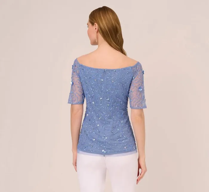 Beaded Dresses Womens Adrianna Papell Off The Shoulder Top With 3D Beaded Details In French Blue