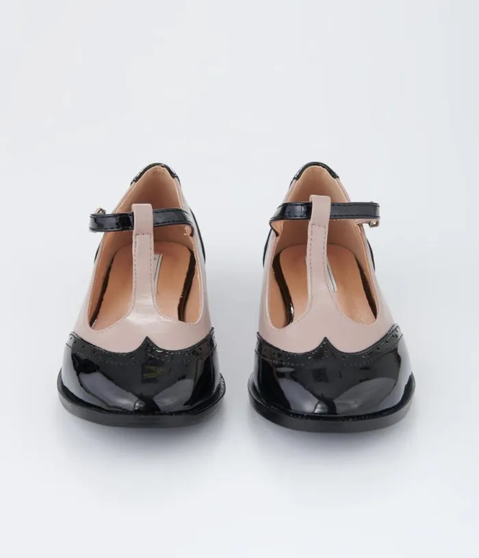 Beige and Black Patent Leatherette Oxford TStrap Flats Shoes Unique Vintage Flats