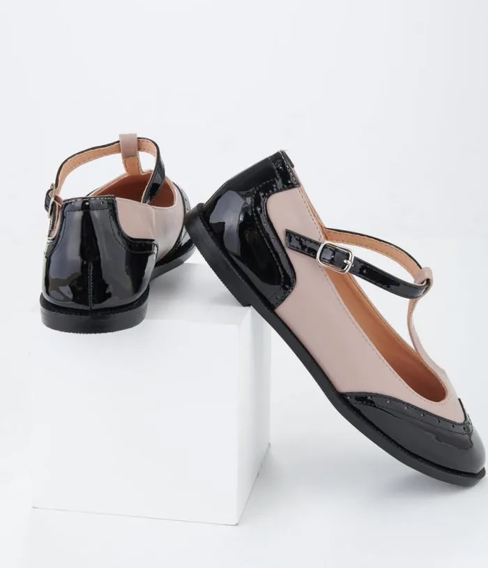 Beige and Black Patent Leatherette Oxford TStrap Flats Shoes Unique Vintage Flats