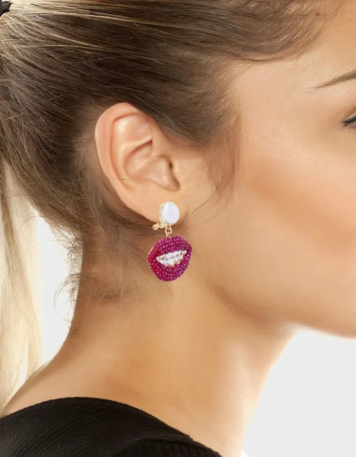 Betsey Johnson Women MIDNIGHT GARDEN LIP EARRINGS PINK Betsey Johnson Women MIDNIGHT GARDEN LIP EARRINGS PINK