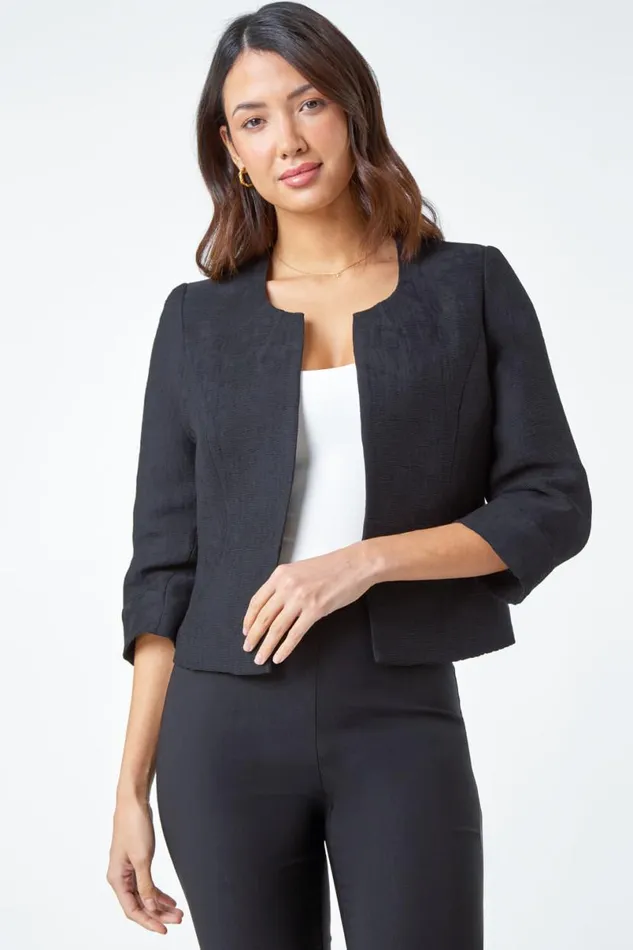Black 34 Sleeve Pleated Textured Cropped Jacket Women Roman Jackets