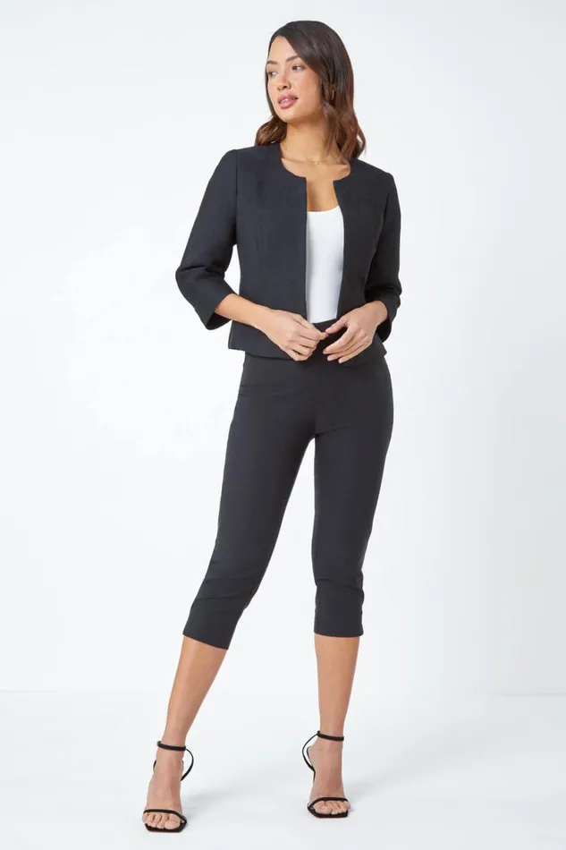Black 34 Sleeve Pleated Textured Cropped Jacket Women Roman Jackets