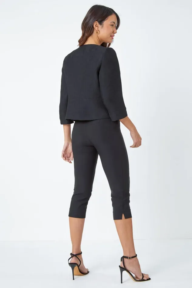 Black 34 Sleeve Pleated Textured Cropped Jacket Women Roman Jackets