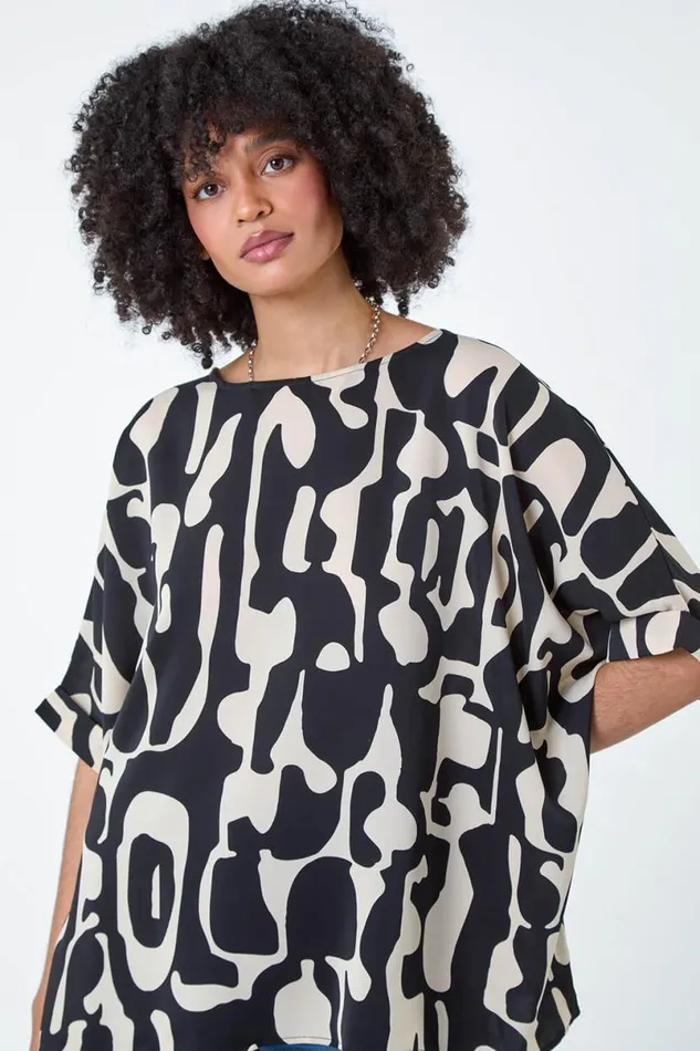 Black Abstract Animal Button Back Top Women Roman Tops