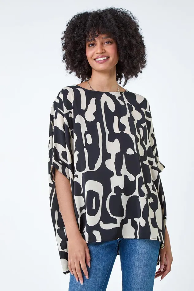Black Abstract Animal Button Back Top Women Roman Tops
