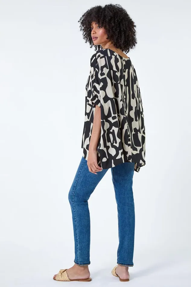 Black Abstract Animal Button Back Top Women Roman Tops