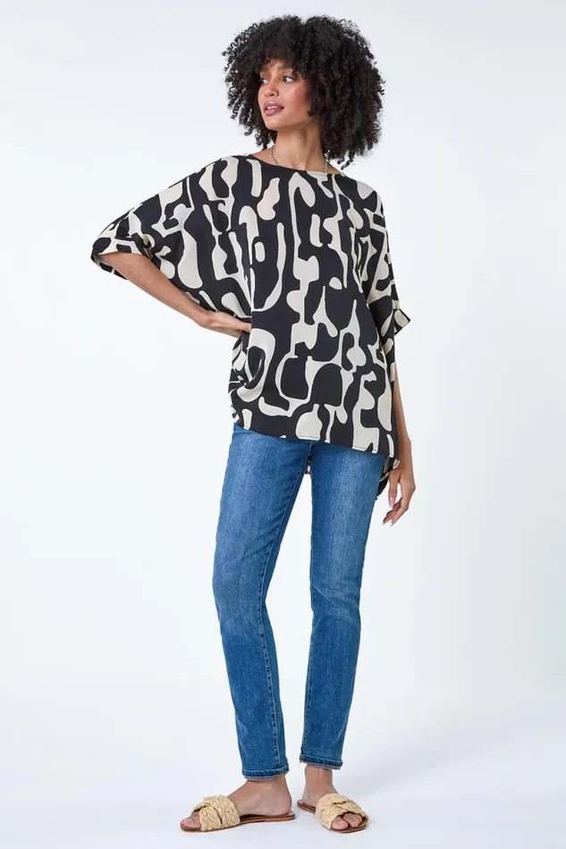 Black Abstract Animal Button Back Top Women Roman Tops
