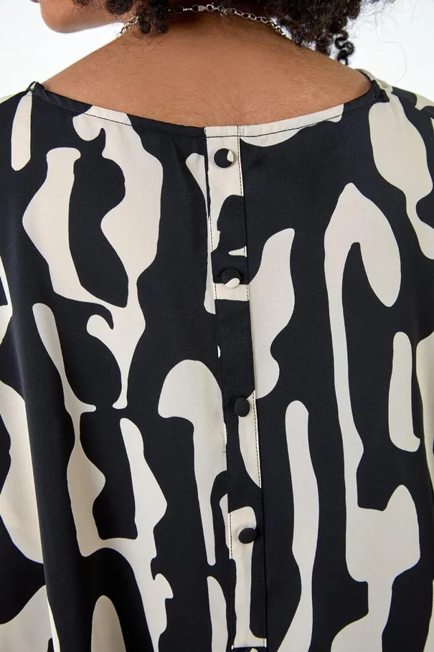 Black Abstract Animal Button Back Top Women Roman Tops
