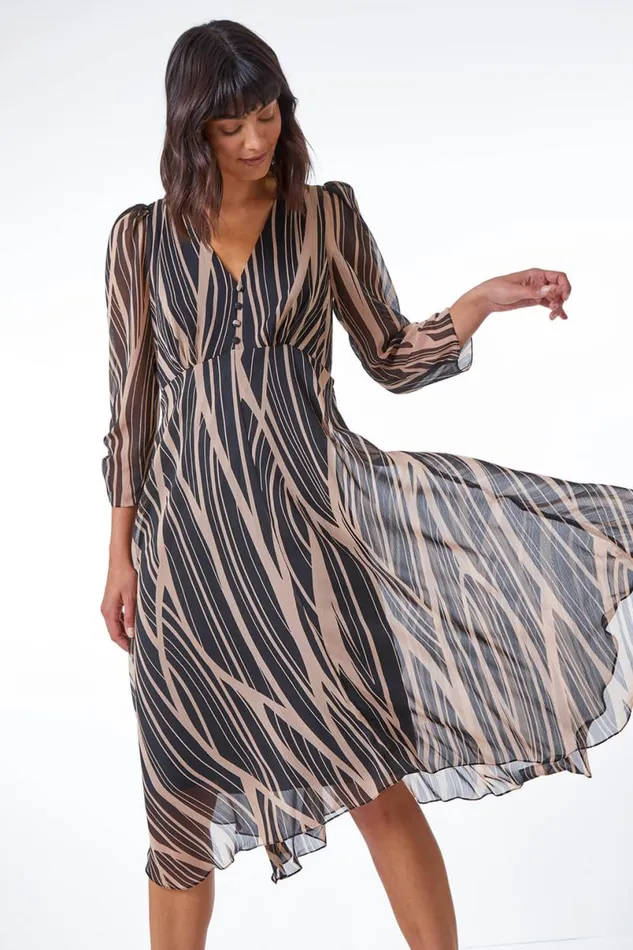 Black Abstract Chiffon Wrap Asymmetric Midi Dress Women Roman Dresses