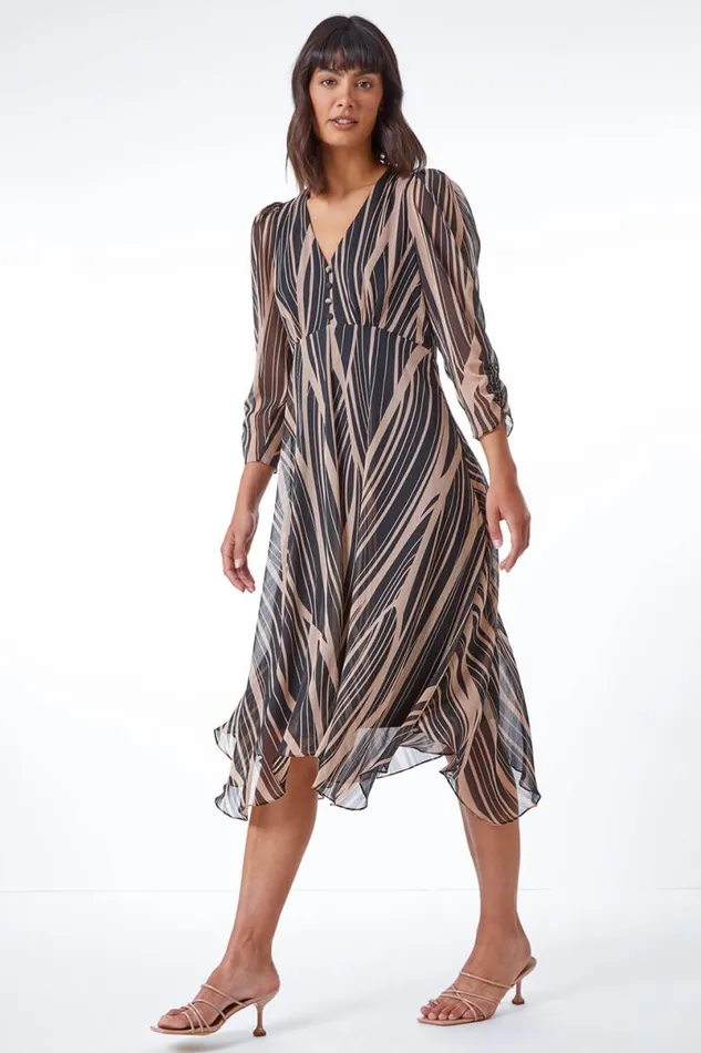 Black Abstract Chiffon Wrap Asymmetric Midi Dress Women Roman Dresses