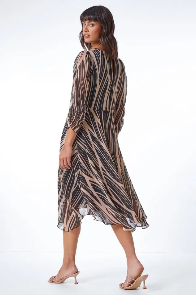 Black Abstract Chiffon Wrap Asymmetric Midi Dress Women Roman Dresses