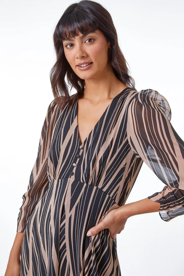 Black Abstract Chiffon Wrap Asymmetric Midi Dress Women Roman Dresses