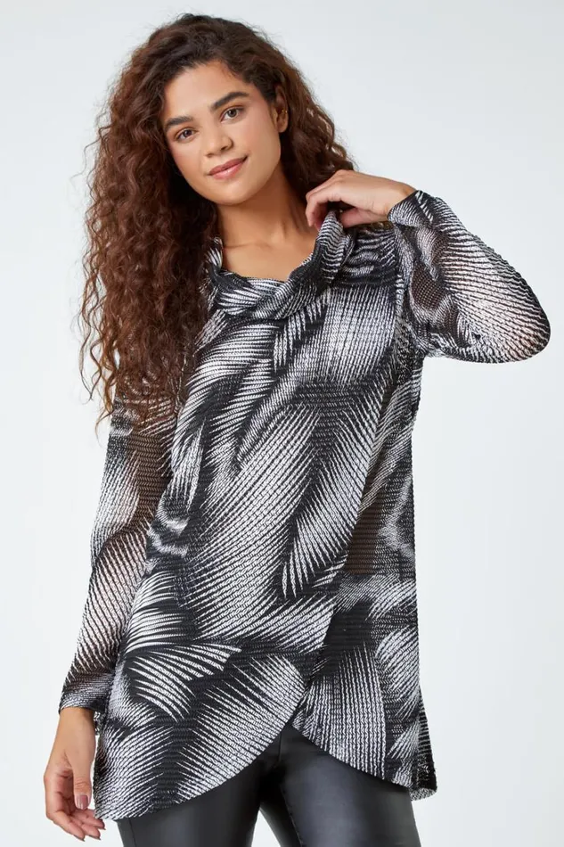 Black Abstract Print Cowl Neck Stretch Tunic Top Women Roman Tops