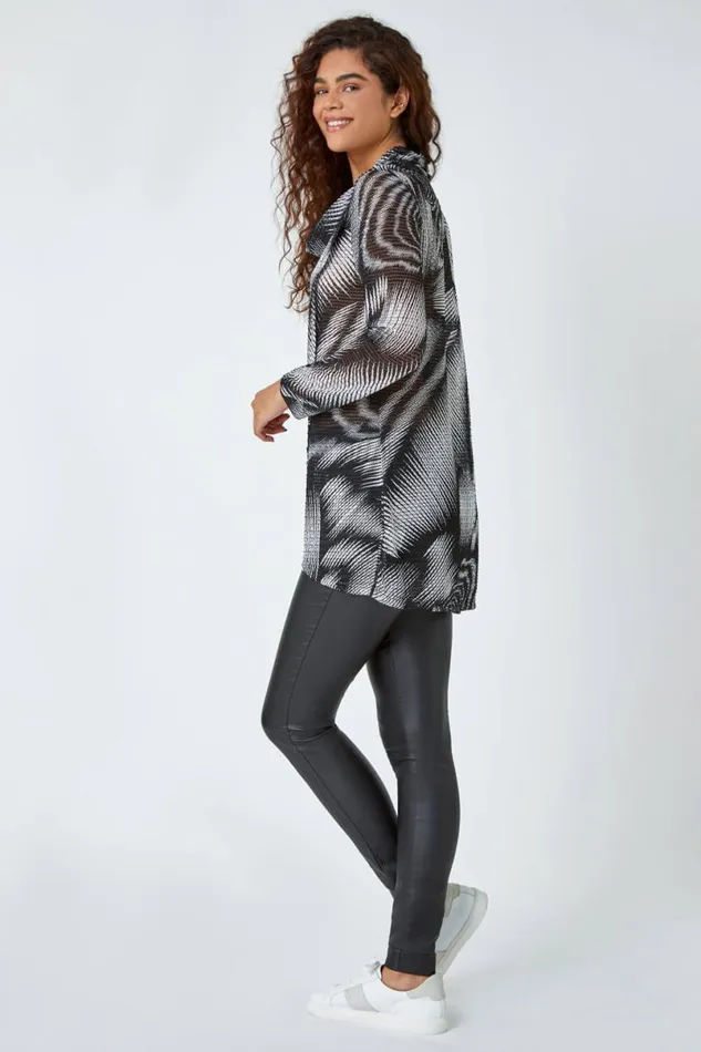 Black Abstract Print Cowl Neck Stretch Tunic Top Women Roman Tops