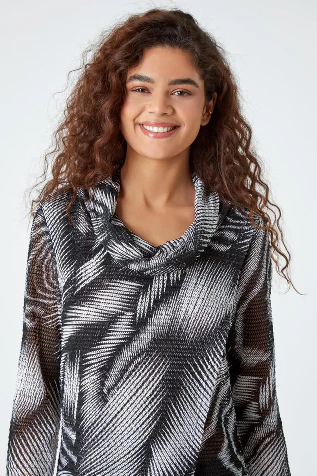 Black Abstract Print Cowl Neck Stretch Tunic Top Women Roman Tops