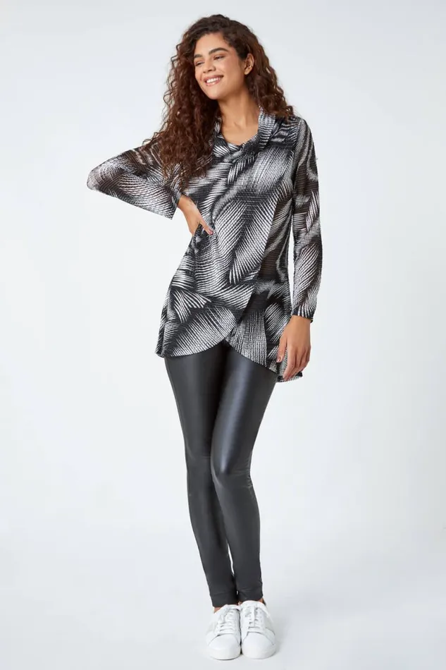 Black Abstract Print Cowl Neck Stretch Tunic Top Women Roman Tops