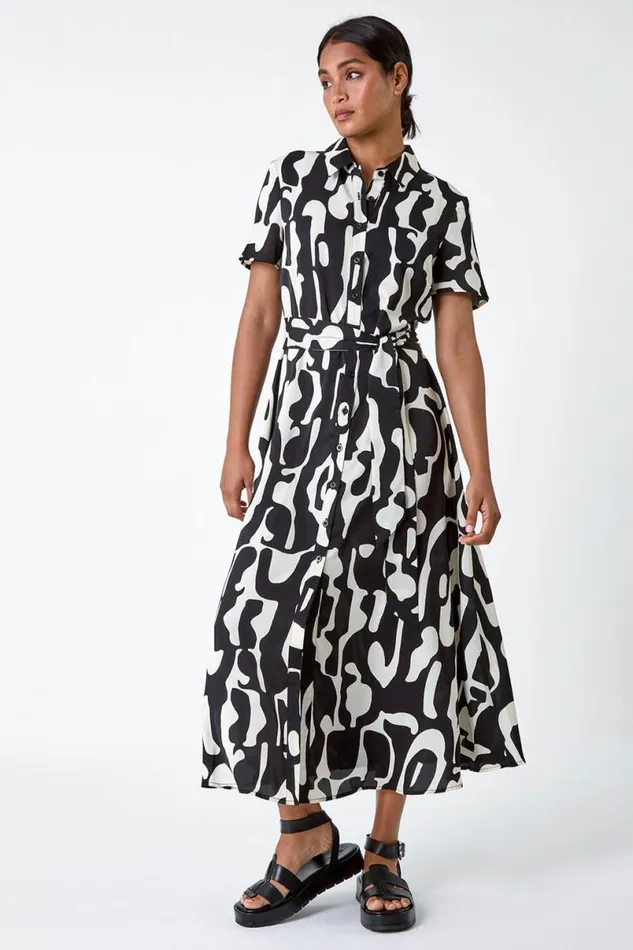 Black Abstract Print Fit and Flare Shirt Dress Women Roman Dresses