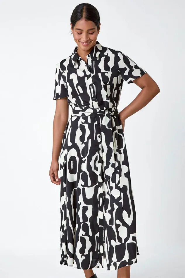 Black Abstract Print Fit and Flare Shirt Dress Women Roman Dresses