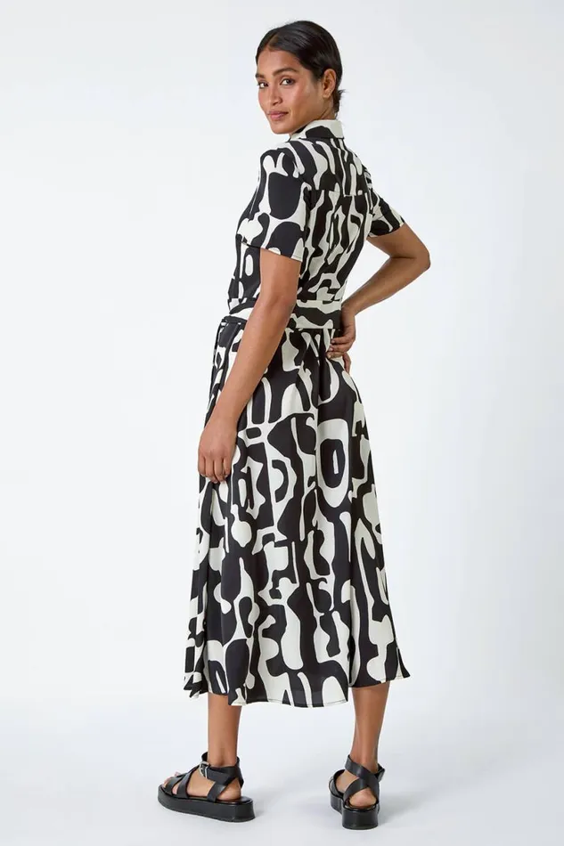 Black Abstract Print Fit and Flare Shirt Dress Women Roman Dresses