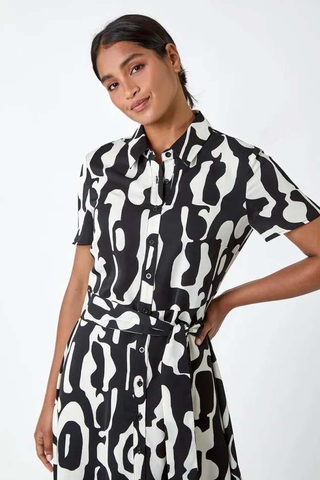 Black Abstract Print Fit and Flare Shirt Dress Women Roman Dresses