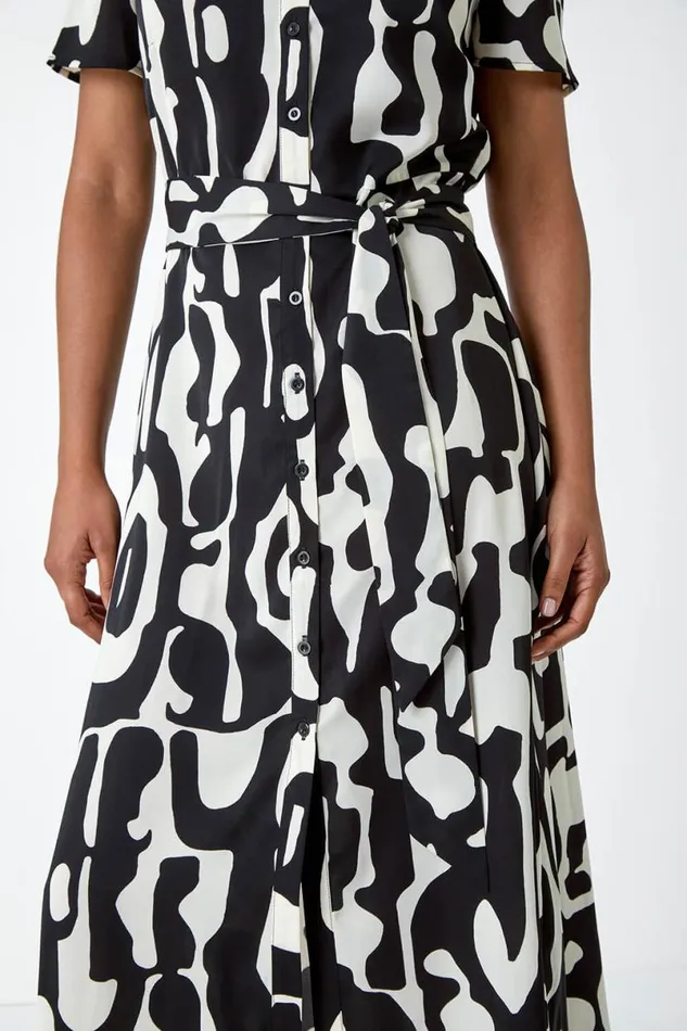 Black Abstract Print Fit and Flare Shirt Dress Women Roman Dresses