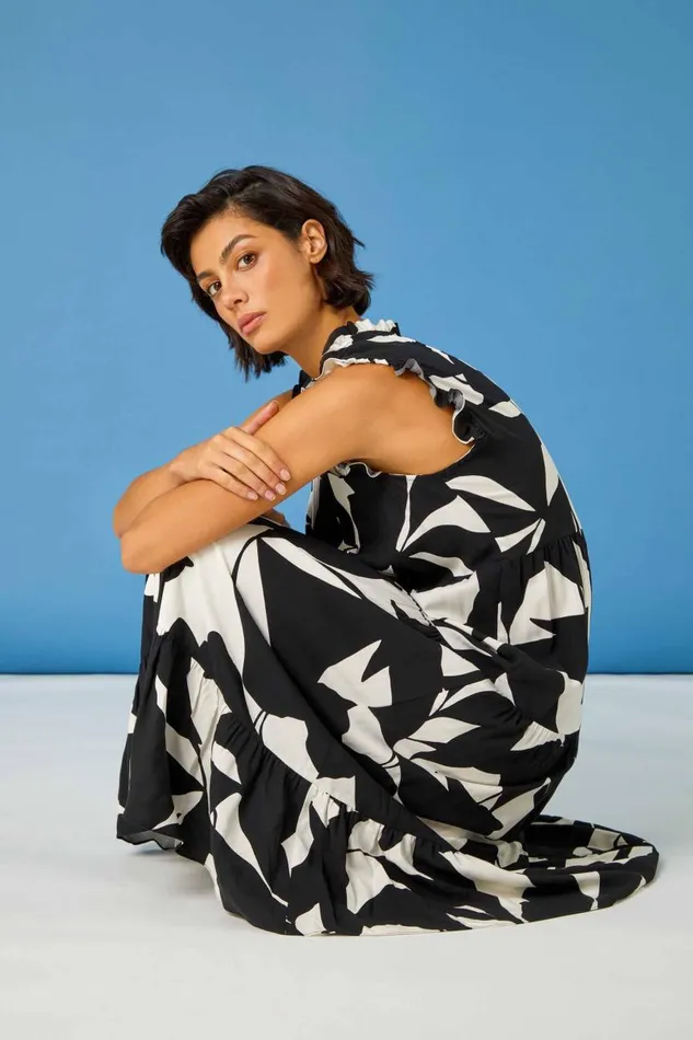 Black Abstract Print Frill Detail Midi Dress Women Roman Dresses