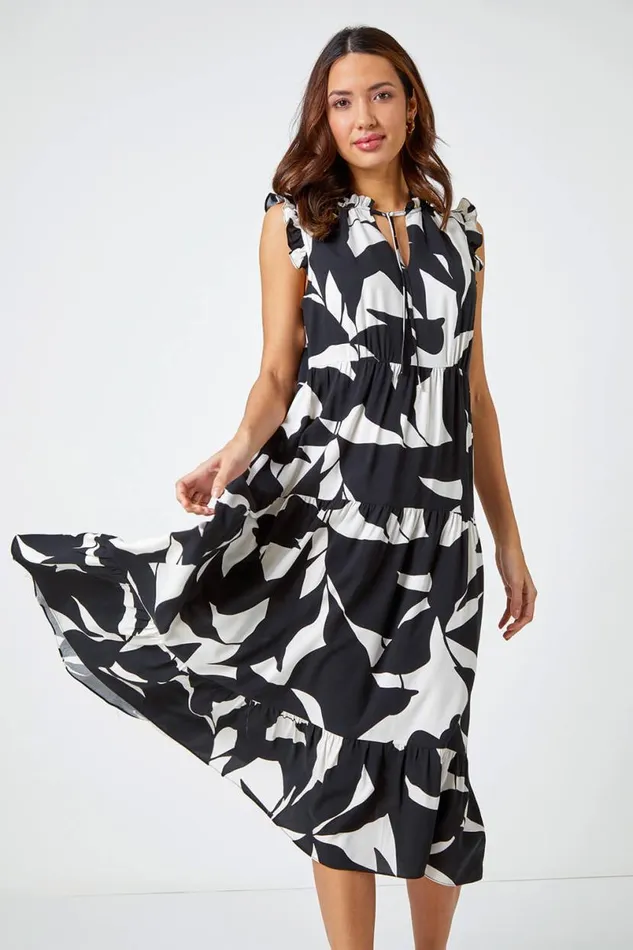 Black Abstract Print Frill Detail Midi Dress Women Roman Dresses