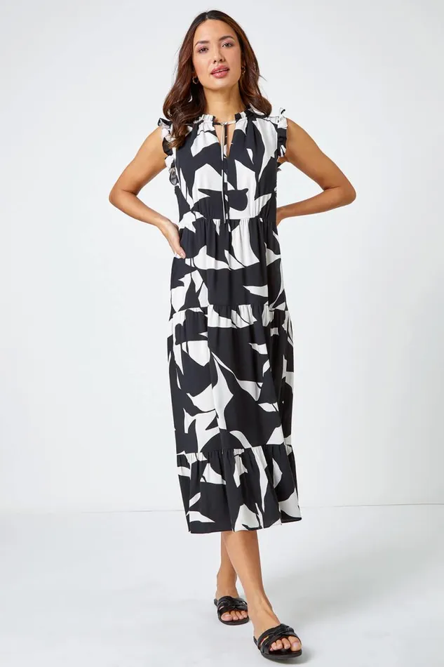 Black Abstract Print Frill Detail Midi Dress Women Roman Dresses