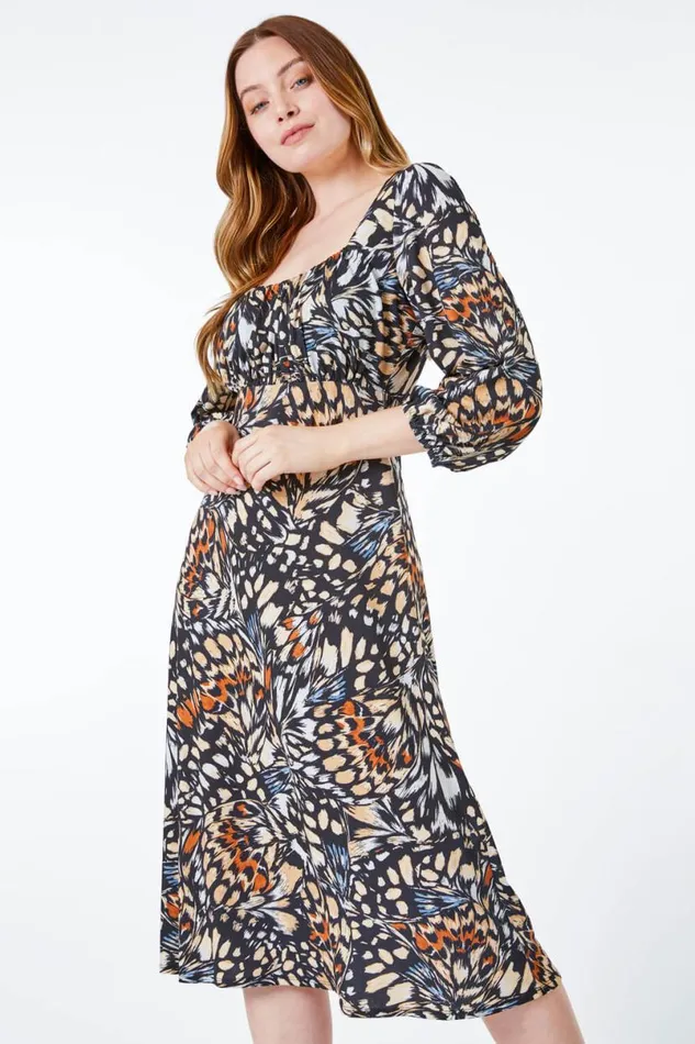 Black Abstract Print Sqaure Neck Jersey Dress Women Roman Dresses