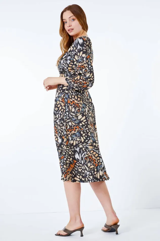 Black Abstract Print Sqaure Neck Jersey Dress Women Roman Dresses