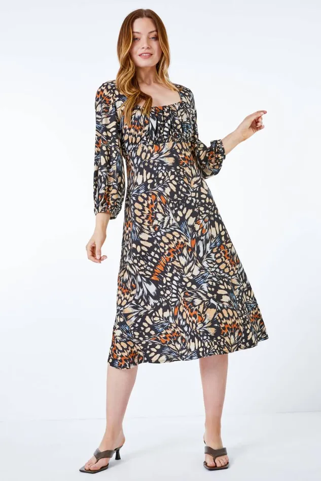 Black Abstract Print Sqaure Neck Jersey Dress Women Roman Dresses