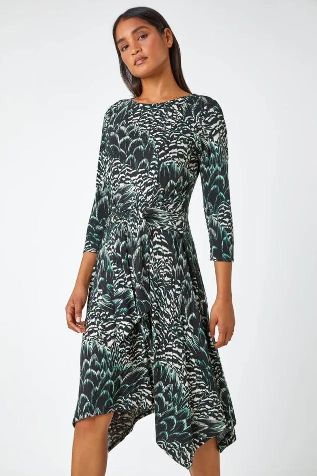 Black Abstract Print Tie Waist Stretch Dress Women Roman Dresses