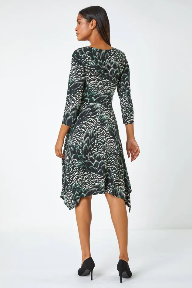 Black Abstract Print Tie Waist Stretch Dress Women Roman Dresses