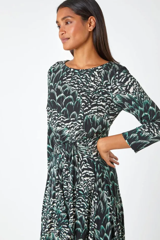 Black Abstract Print Tie Waist Stretch Dress Women Roman Dresses
