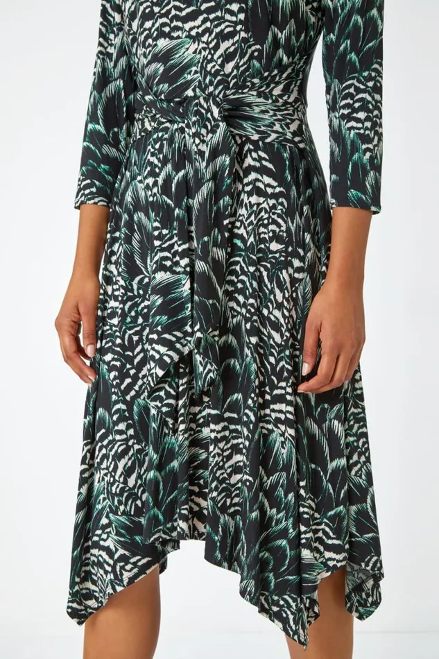 Black Abstract Print Tie Waist Stretch Dress Women Roman Dresses