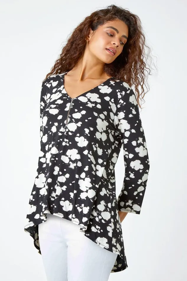 Black Abstract Print Zip Detail VNeck Stretch Top Women Roman Tops