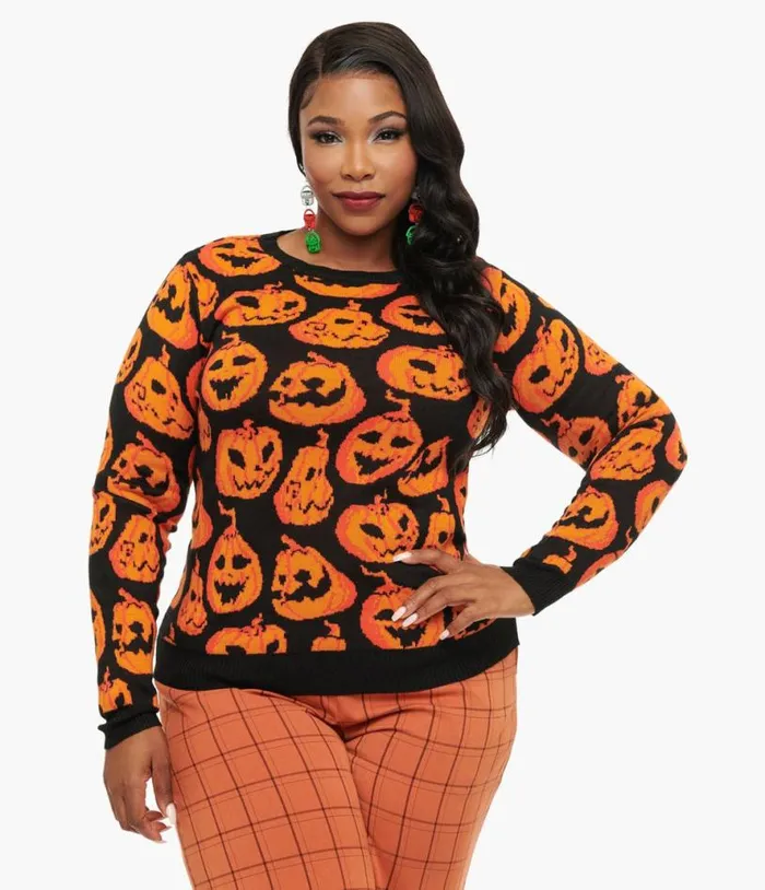 Black and Orange Pumpkin Print Knit Sweater ClothingHalloweenPlus Unique Vintage Sweaters and Cardigans