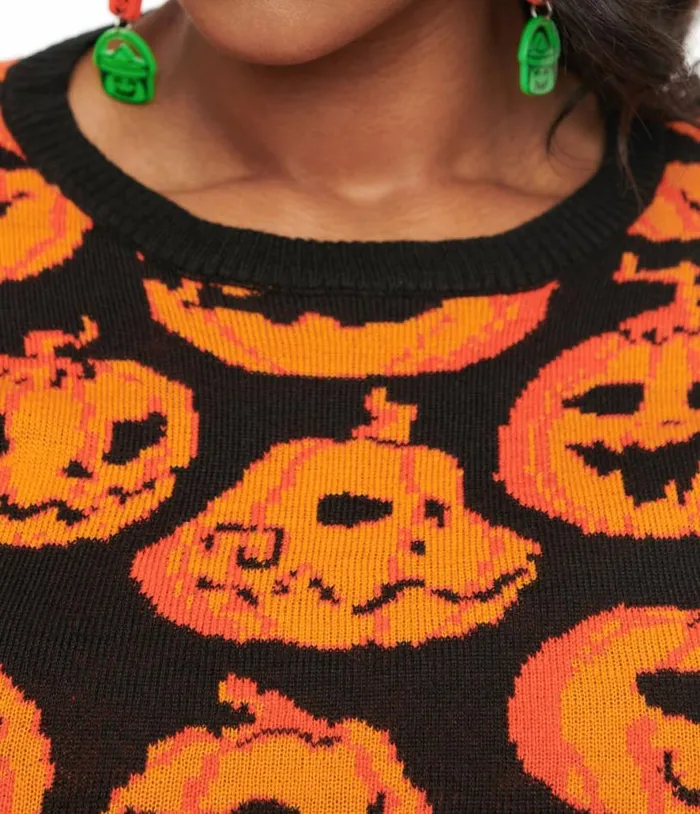 Black and Orange Pumpkin Print Knit Sweater ClothingHalloweenPlus Unique Vintage Sweaters and Cardigans
