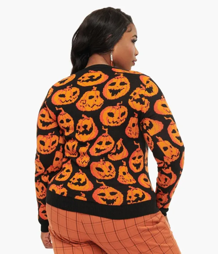 Black and Orange Pumpkin Print Knit Sweater ClothingHalloweenPlus Unique Vintage Sweaters and Cardigans