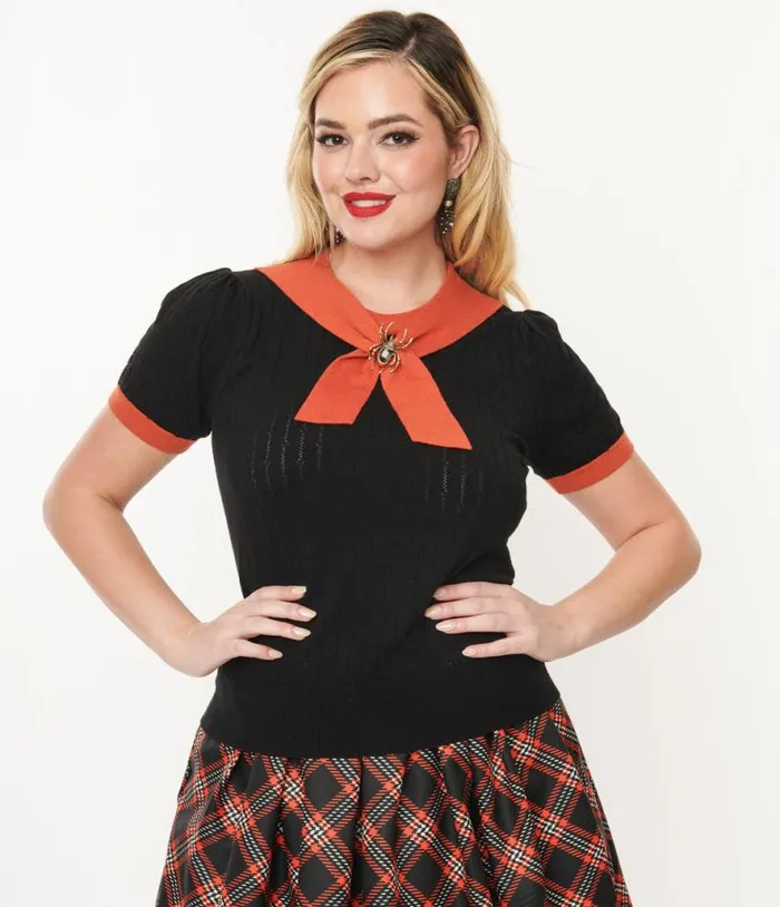 Black and Orange Spider Brooch Neck Tie Park City Sweater ClothingHalloween Unique Vintage Sweaters and Cardigans