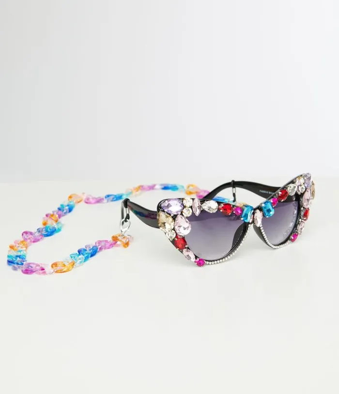 Black and Rainbow Gem Bomb Cat Eye Sunglasses Accessories Unique Vintage Sunglasses