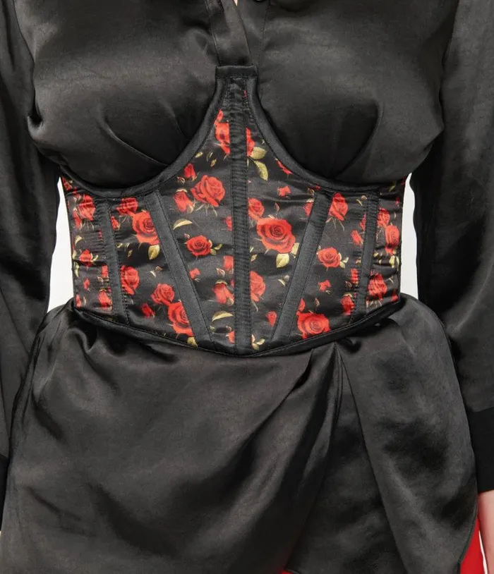 Black and Red Rose Print Open Cup Corset Accessories Unique Vintage Belts