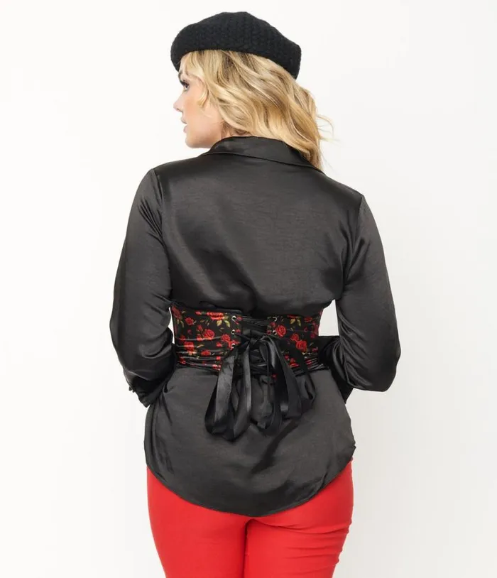 Black and Red Rose Print Open Cup Corset Accessories Unique Vintage Belts