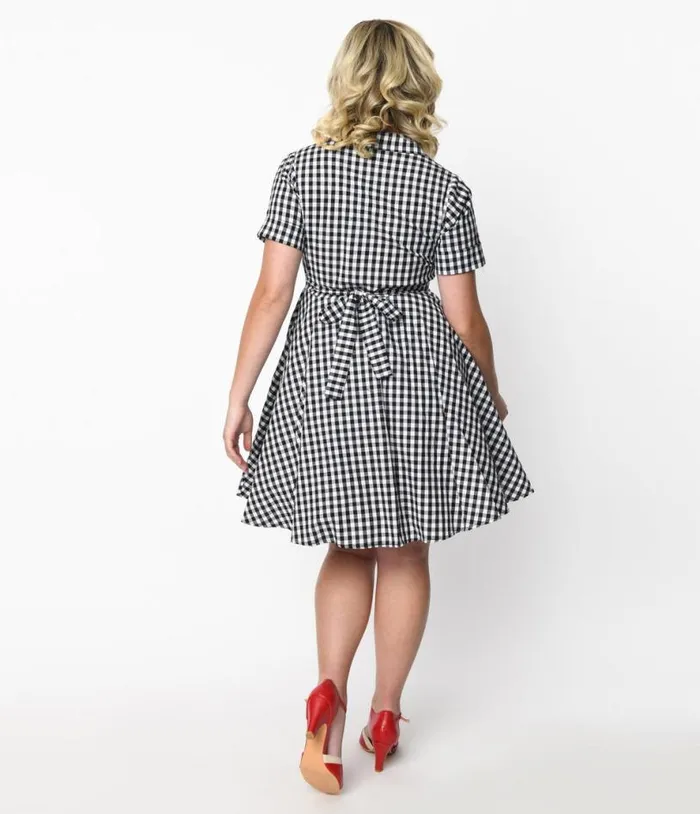 Black and White Gingham Cherry Swing Dress Dresses Unique Vintage Pocket Dresses
