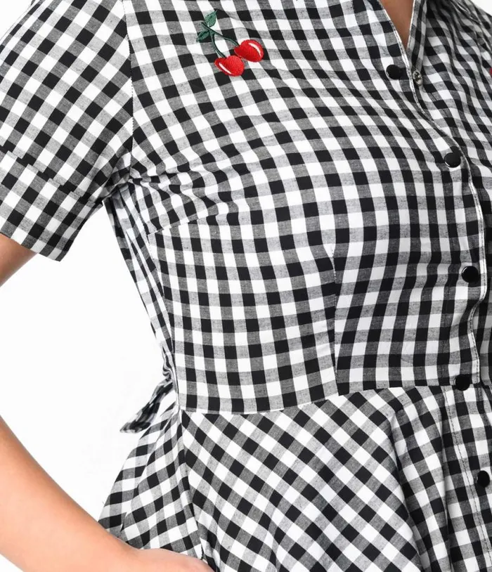 Black and White Gingham Cherry Swing Dress Dresses Unique Vintage Pocket Dresses